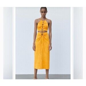 Zara Orange And Yellow Skirt Stretchy MIDI Skirt With Keyhole Opening NWT Size L